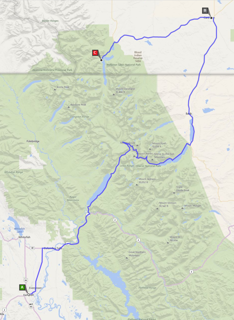 Map of our route, Kalispell to Cardston to Waterton