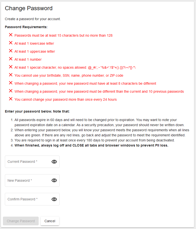 The Change Password Screen for DS Logon